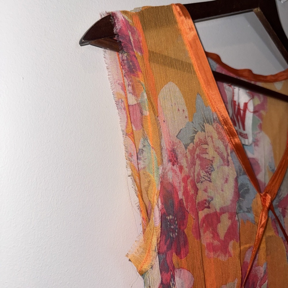JOHNNY WAS 100% Silk Maxi Dress Sz S Orange Floral Tiered Lined Boho Ribbon Slip - Picture 9 of 16